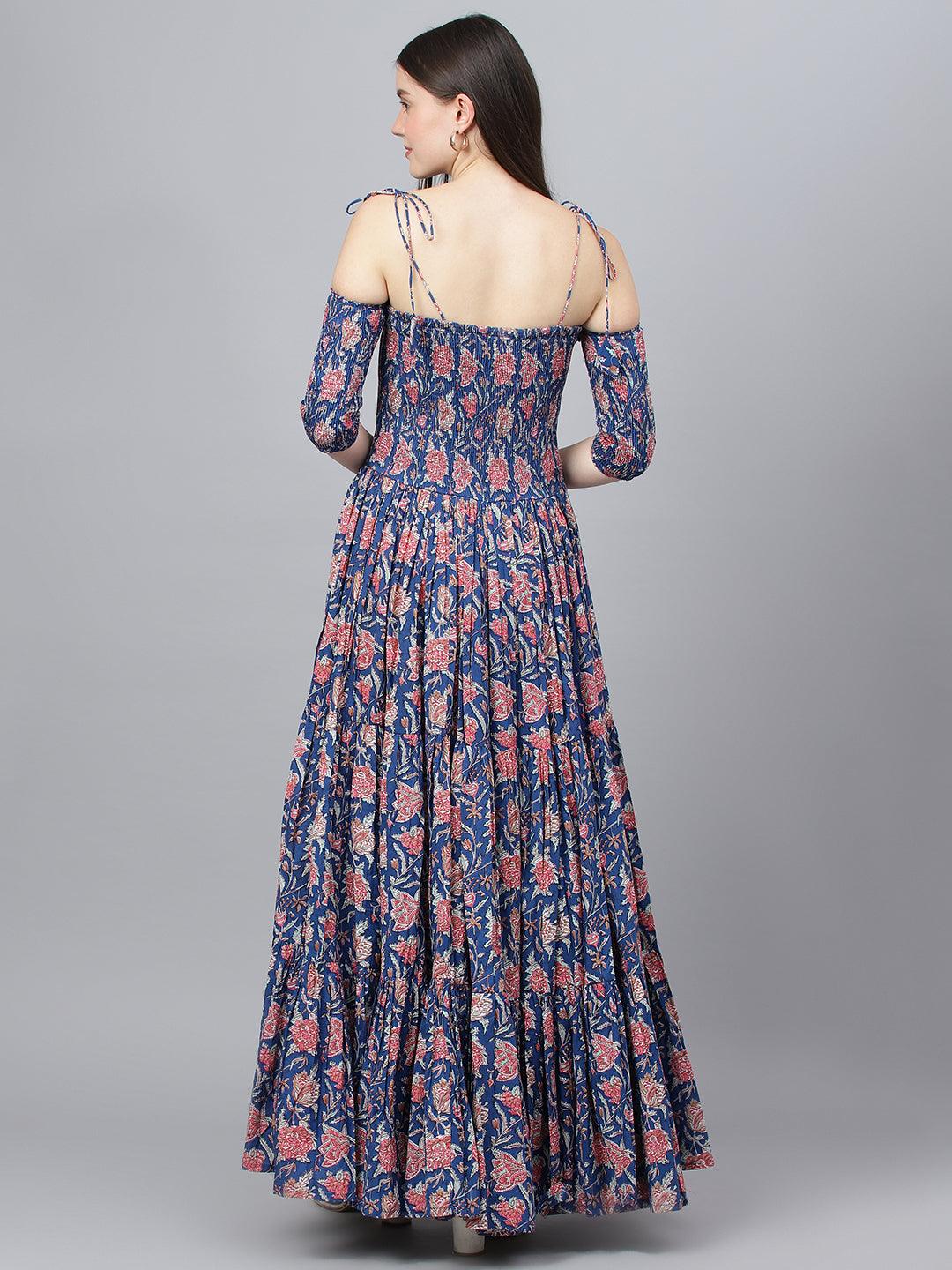 Divena Blue Floral Printed Shoulder Strips Flared Long Dress - divena world