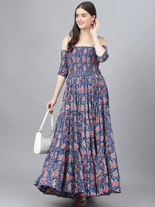 Divena Blue Floral Printed Shoulder Strips Flared Long Dress - divena world