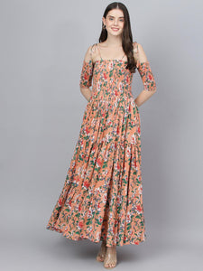 Divena Peach Floral Printed Shoulder Strips Flared Long Dress - divena world