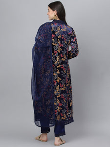 Divena Blue Floral Burn Out Velvet Kurta pant With Organza Dupatta set - divena world