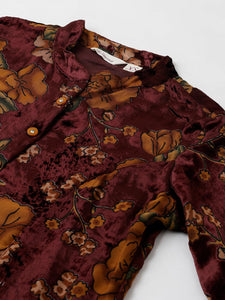Divena Wine Floral Burn out Velvet A-line Shirts Style Top - divena world