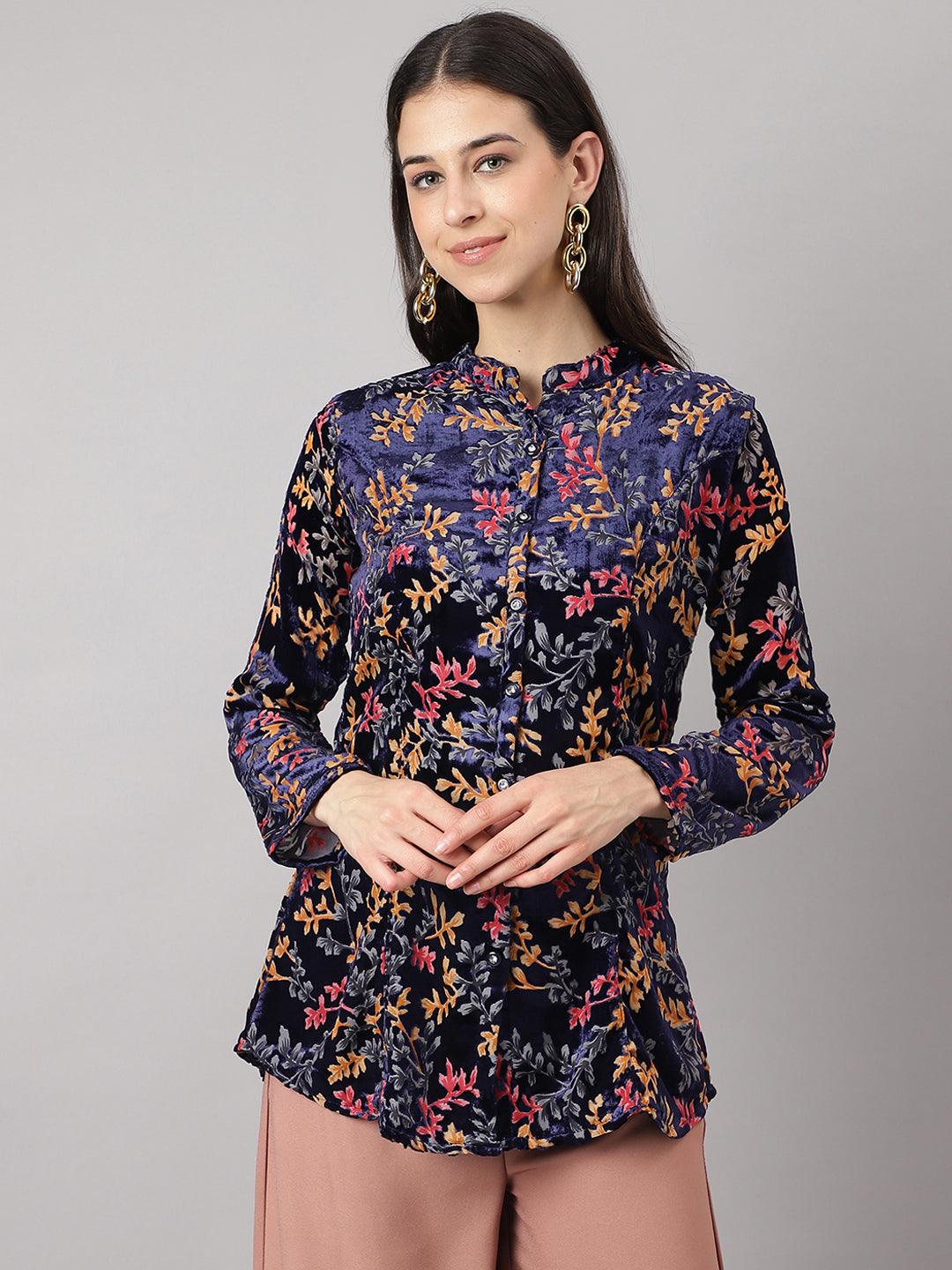 Blue Floral Burn out Valvet A-line Shirts Style Top — view 1