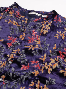 Divena Blue Floral Burn out Valvet A-line Shirts Style Top - divena world