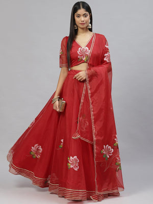 Divena Red Hand Painted Organza Flared Lehenga Choli Set with Organza Dupatta