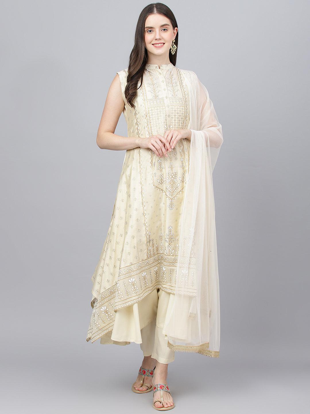Cream Chanderi kurta Pant Set with Net Dupatta — view 1