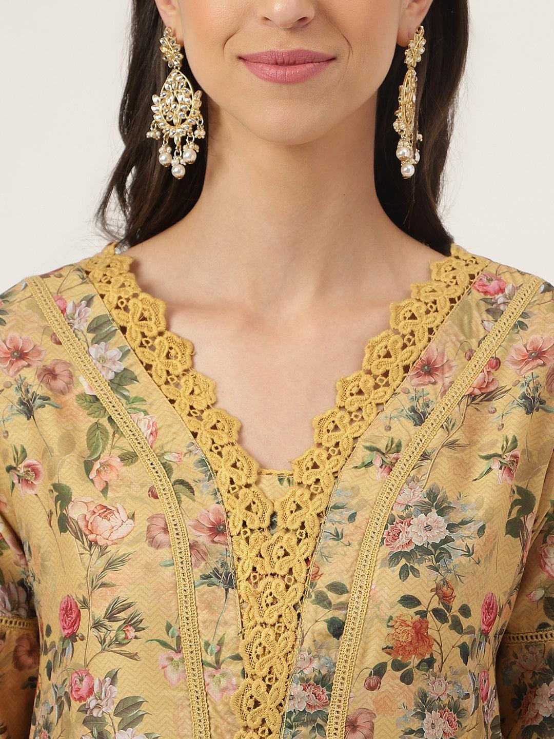 Divena Poly Chanderi Floral Printed Kurta Pant Set with Organza Dupatta - divena world