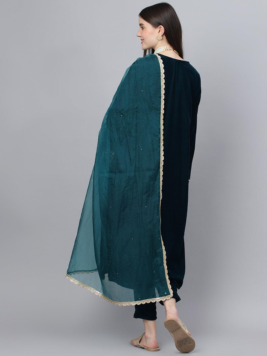 Divena Teal Green Velvet hand work Kurta pant With Organza Dupatta set - divena world