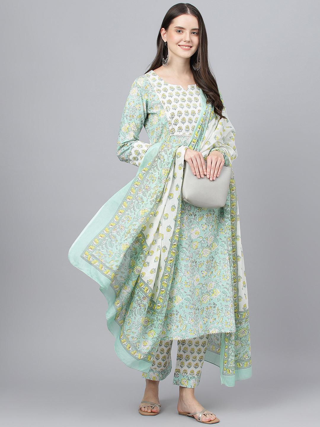 Divena Mint Green Floral Printed Kurta Pant set With Dupatta - divena world