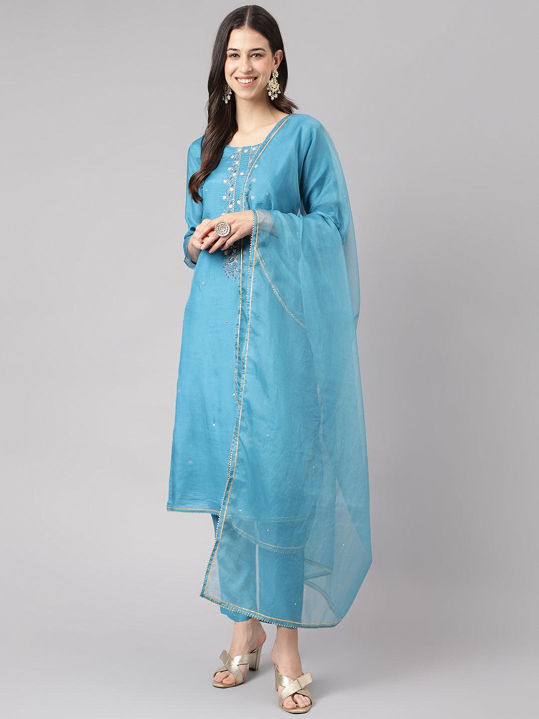 Teal Blue Muslin Embroidary Kurta pant Set with Organza Dupatta — view 1