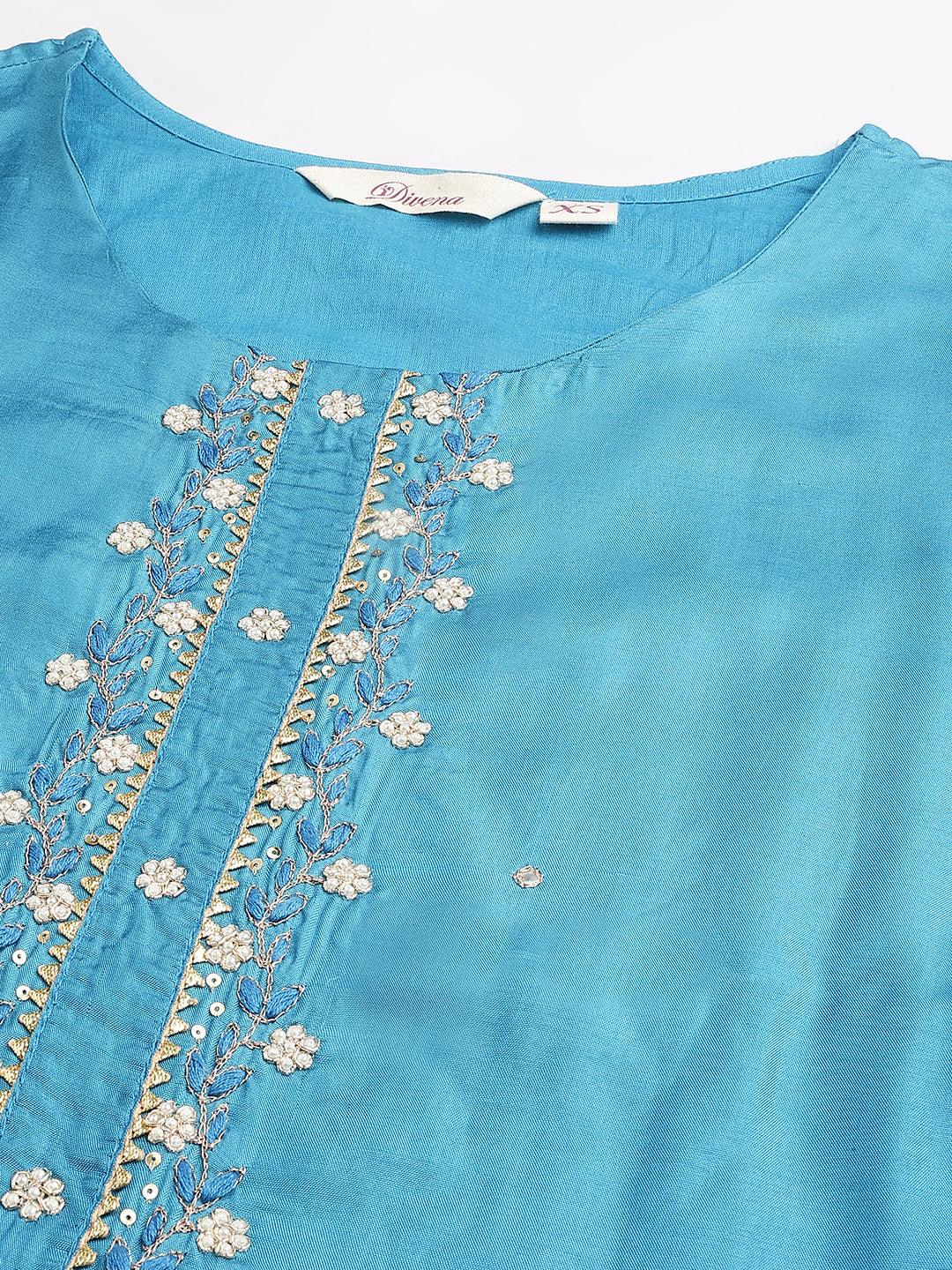 Divena Teal Blue Muslin Embroidery Kurta pant Set with Organza Dupatta - divena world