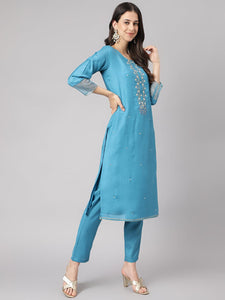 Divena Teal Blue Muslin Embroidary Kurta pant Set with Organza Dupatta - divena world