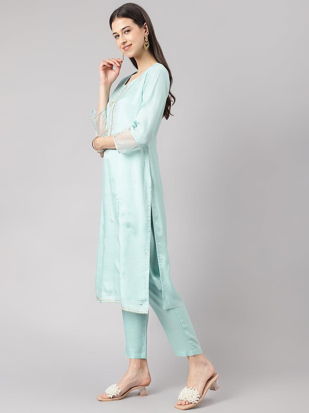 Divena Sea Green Muslin Embroidary Kurta pant Set with Organza Dupatta - divena world