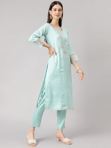 Divena Sea Green Muslin Embroidary Kurta pant Set with Organza Dupatta - divena world