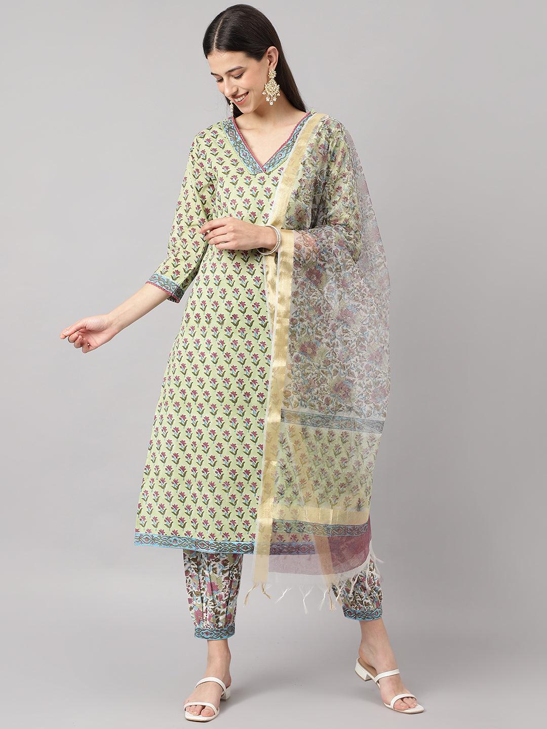 Green and white Cotton Hand Block Printed Kurta Pant set with Dupatta — view 1