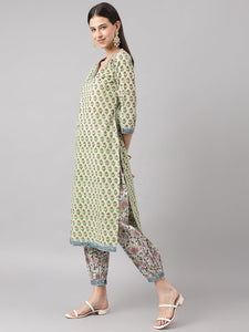 Divena Green and white Cotton Hand Block Printed Kurta Pant set with Dupatta - divena world