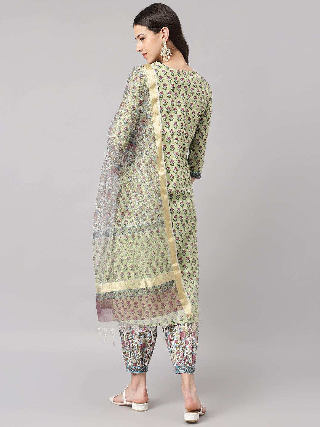 Divena Green and white Cotton Hand Block Printed Kurta Pant set with Dupatta - divena world