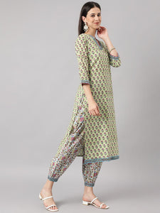 Divena Green and white Cotton Hand Block Printed Kurta Pant set with Dupatta - divena world