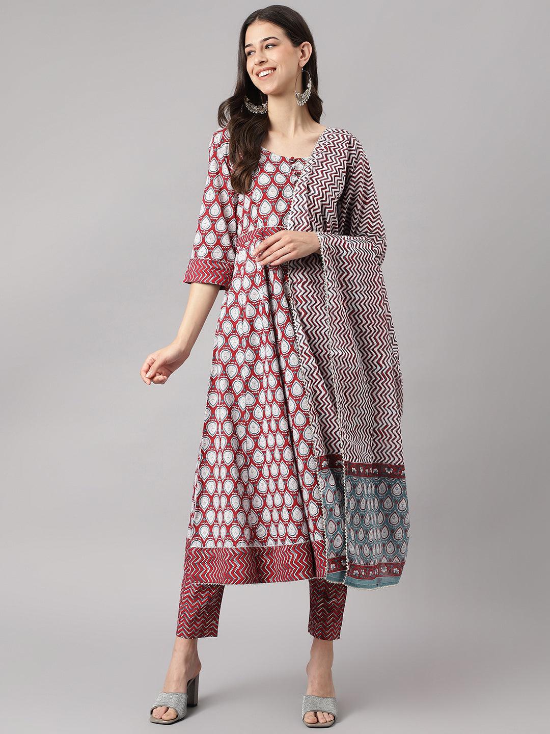 Maroon Cotton Anakali Kurta pant set with Dupatta — view 1