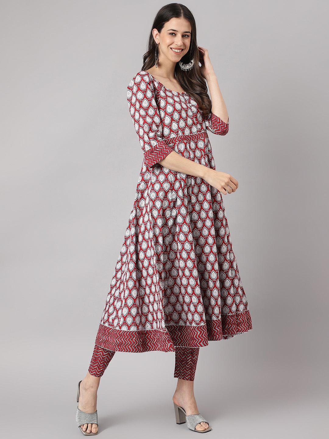 Divena Maroon Cotton Anakali Kurta pant set with Dupatta - divena world