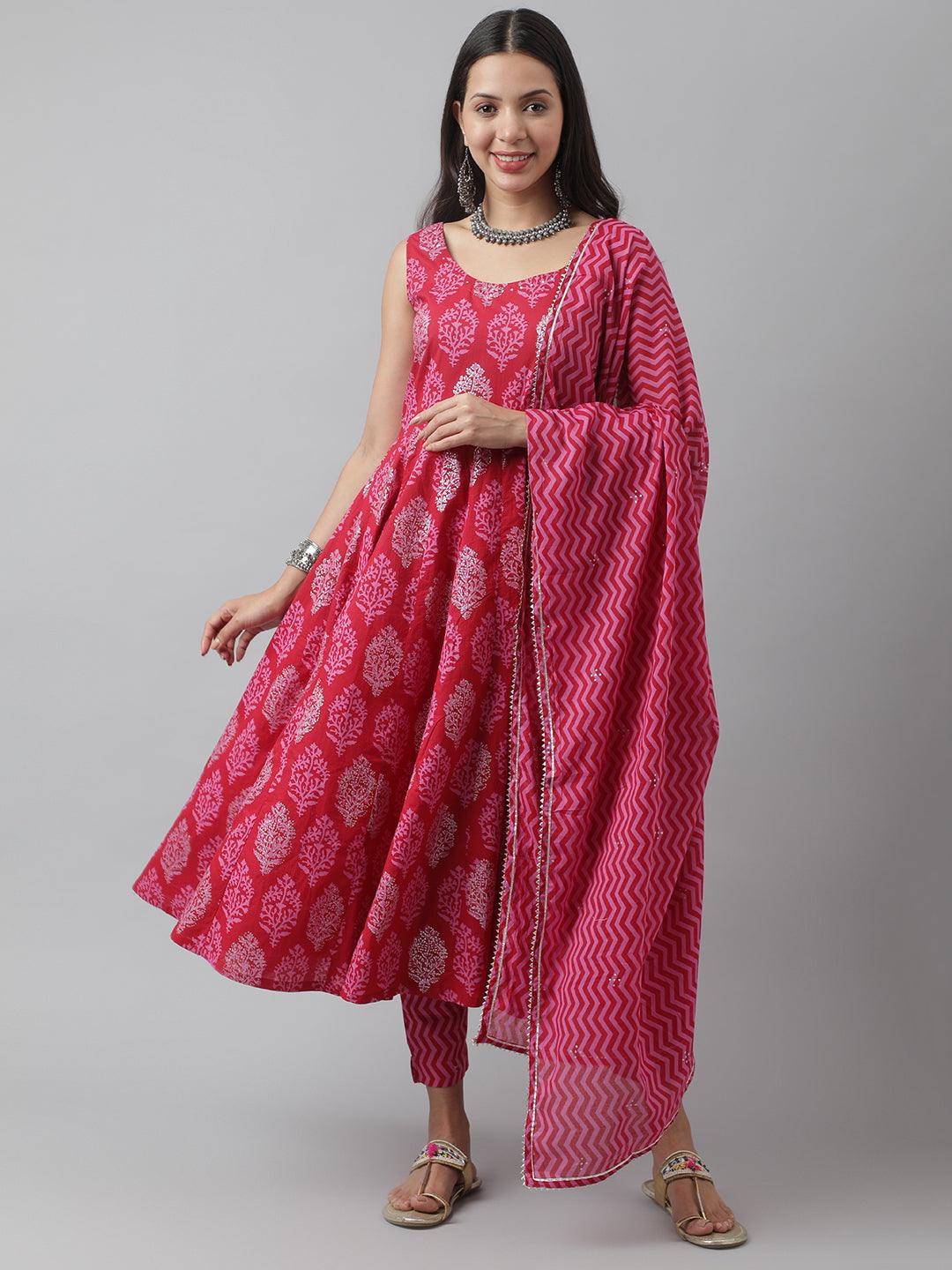 Magenta Floral Cotton Anarkali Kurta Pant Set with Dupatta — view 1