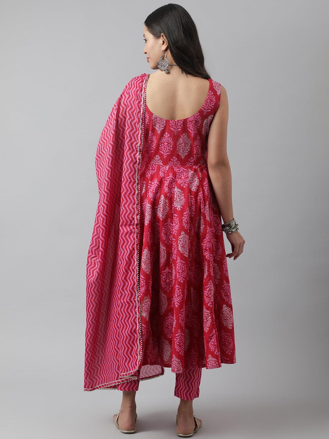 Divena Magenta Floral Cotton Anarkali Kurta Pant Set with Dupatta - divena world
