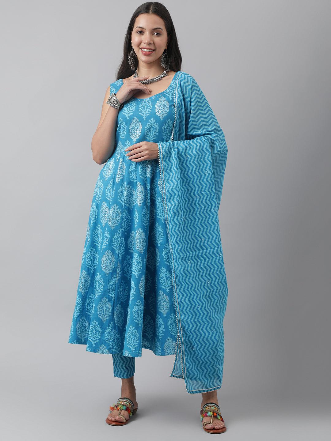Turquoise Blue Floral Cotton Anarkali Kurta Pant Set with Dupatta — view 1