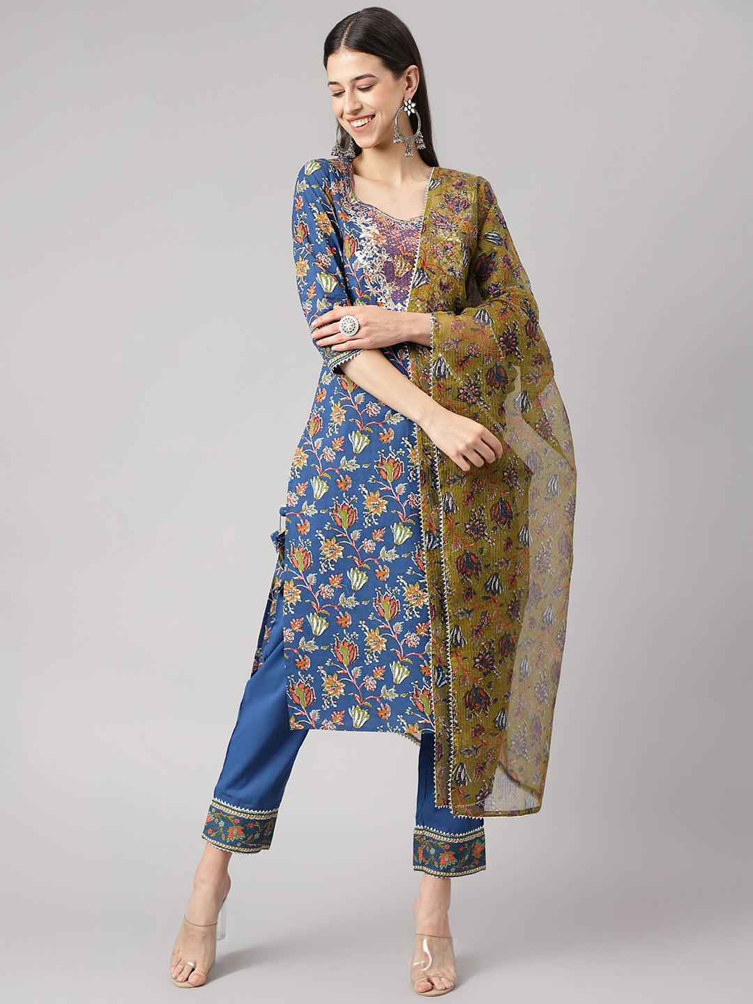 Divena Blue Floral Printed Kurta Pant Set with dupatta - divena world