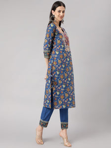 Divena Blue Floral Printed Kurta Pant Set with dupatta - divena world