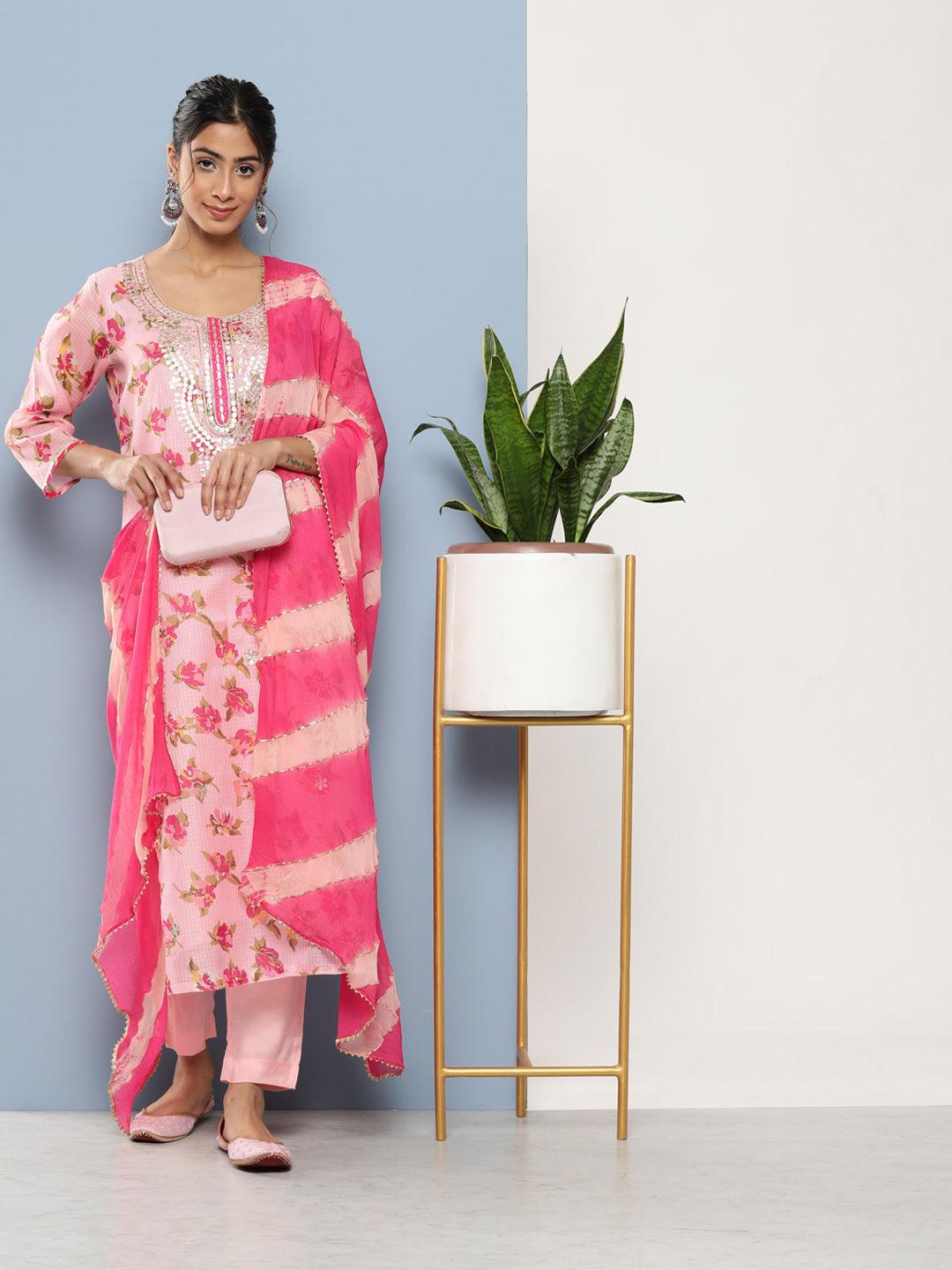 Divena Pink Kota Doria Floral Printed Kurta Pant Dupatta Sets - divena world