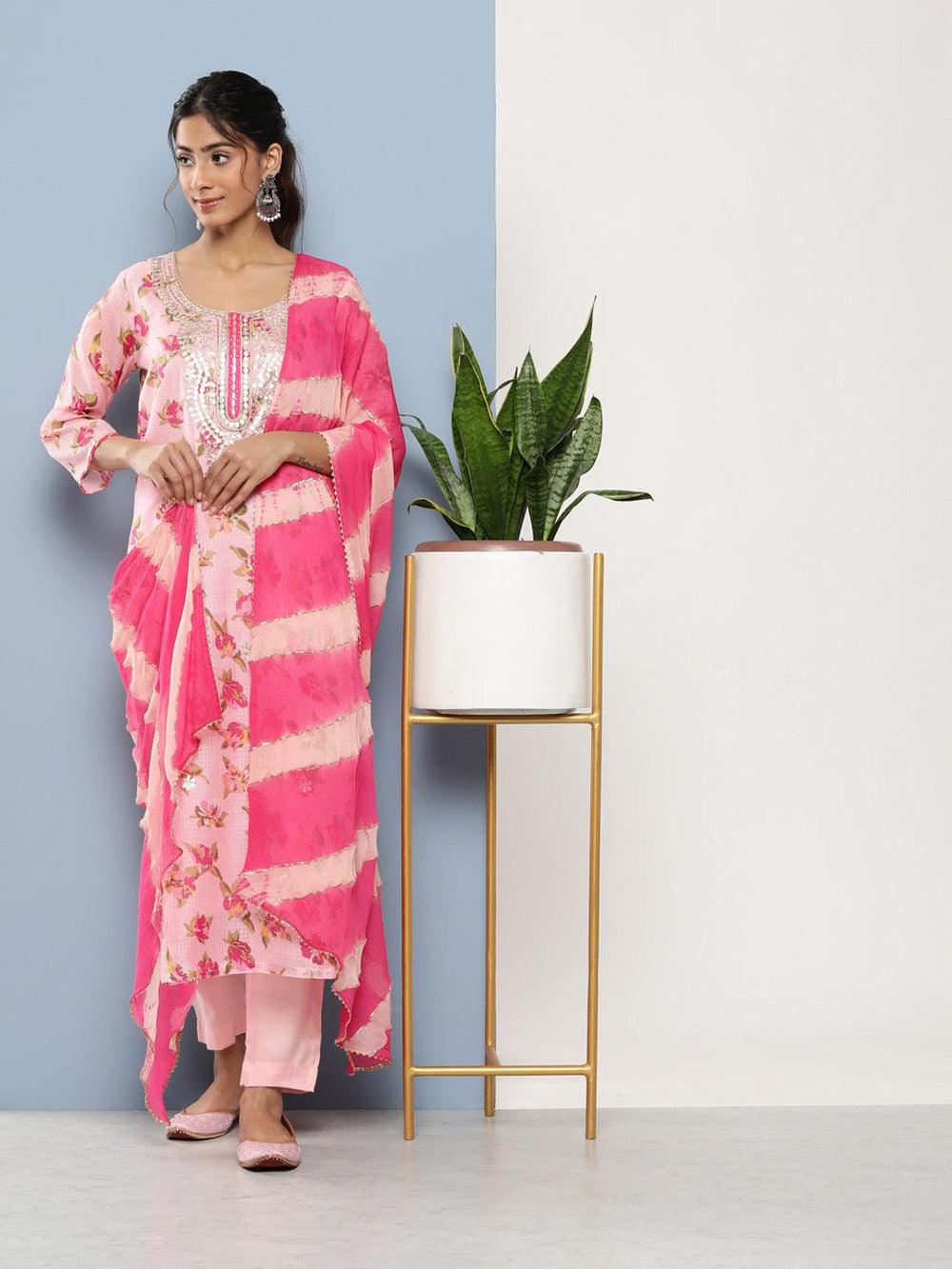 Divena Pink Kota Doria Floral Printed Kurta Pant Dupatta Sets - divena world