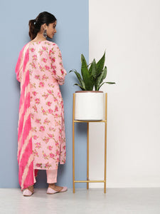 Divena Pink Kota Doria Floral Printed Kurta Pant Dupatta Sets - divena world