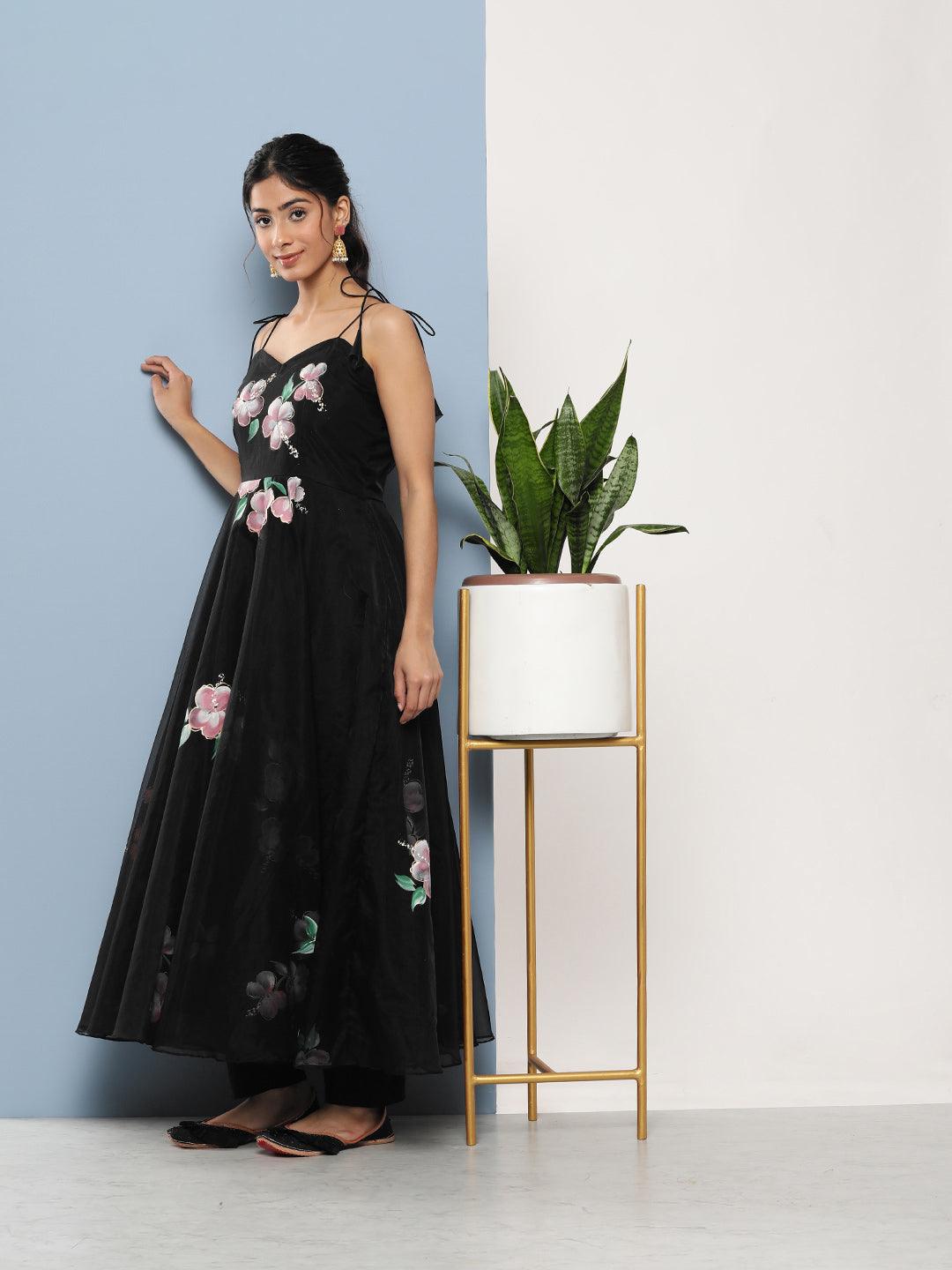 Divena Black Hand Painted Floral Organza Anarkali Kurta Pant Set with Dupatta - divena world