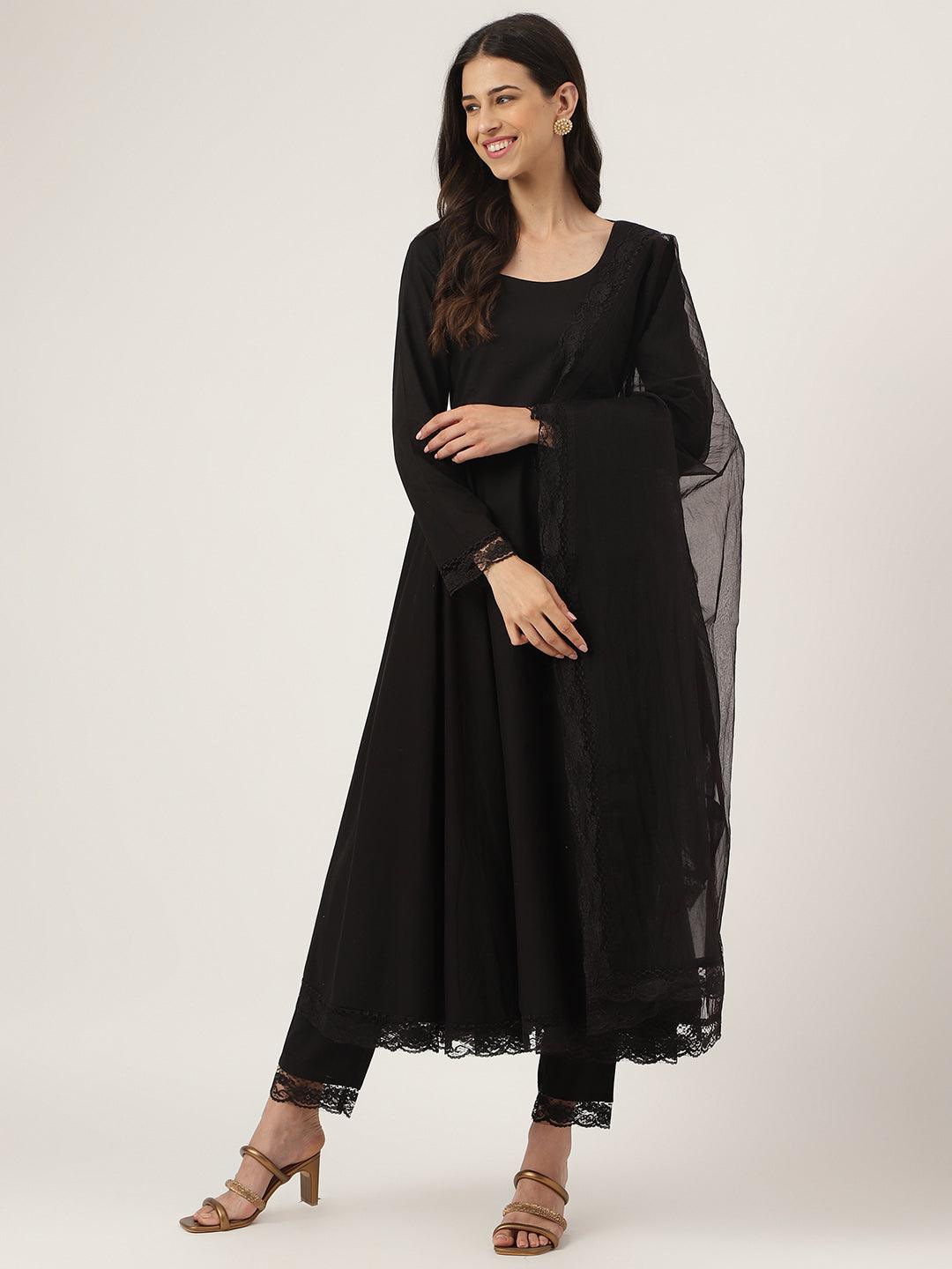 Black Solid Anarkali Kurta Pant set with Dupatta — view 1