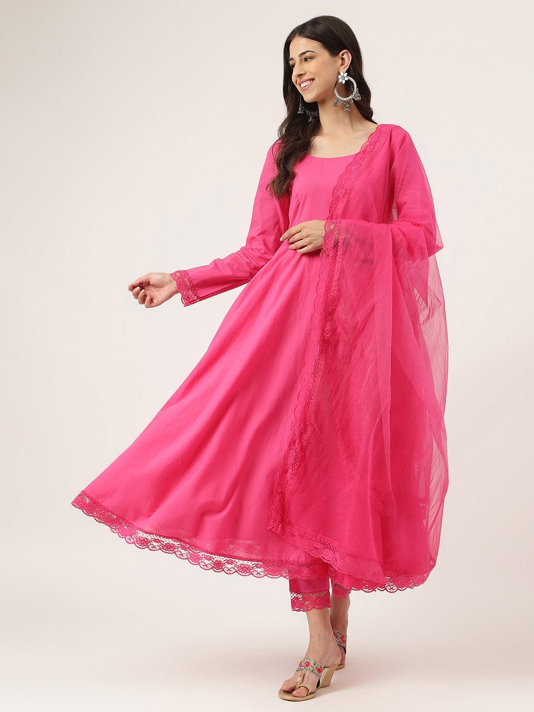 Pink Solid Anarkali Kurta Pant set with Dupatta — view 1