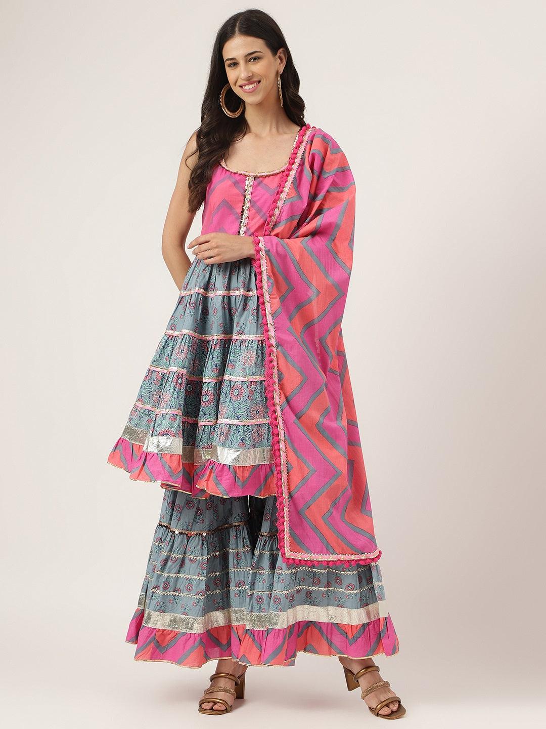 Turquoise Blue Cotton Sleeves less Anarkali Sharara set with Dupatta — view 1