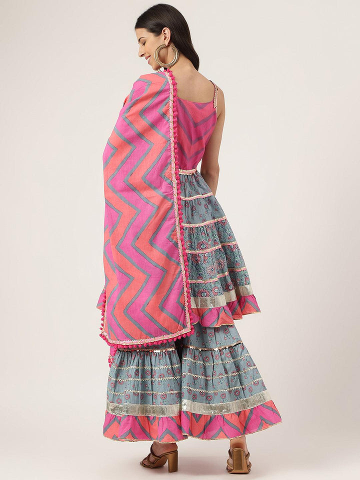 Divena Turquoise Blue Cotton Sleeves less Anarkali Sharara set with Dupatta - divena world