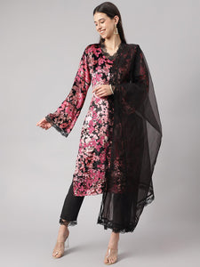 Divena Pink Burn out Velvat Kurta Haram Pant with Organza Dupatta - divena world