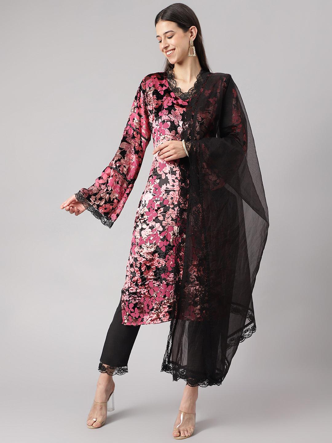 Pink Burn out Velvet Kurta Harem Pant with Organza Dupatta — view 1