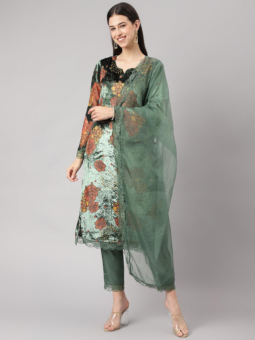 Divena Green Burn out Velvat Kurta Haram Pant with Organza Dupatta - divena world