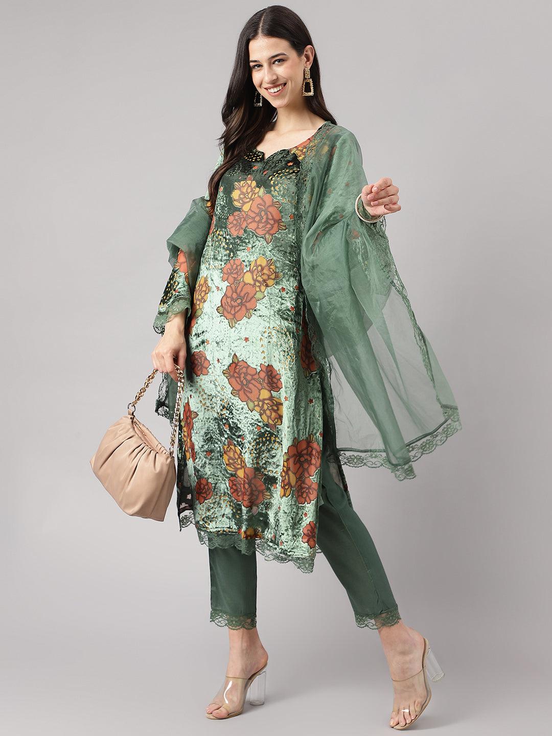 Divena Green Burn out Velvat Kurta Haram Pant with Organza Dupatta - divena world