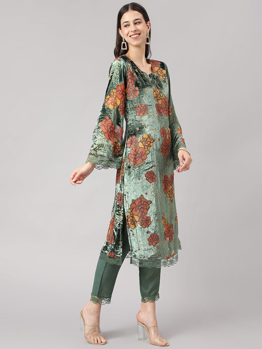 Divena Green Burn out Velvat Kurta Haram Pant with Organza Dupatta - divena world