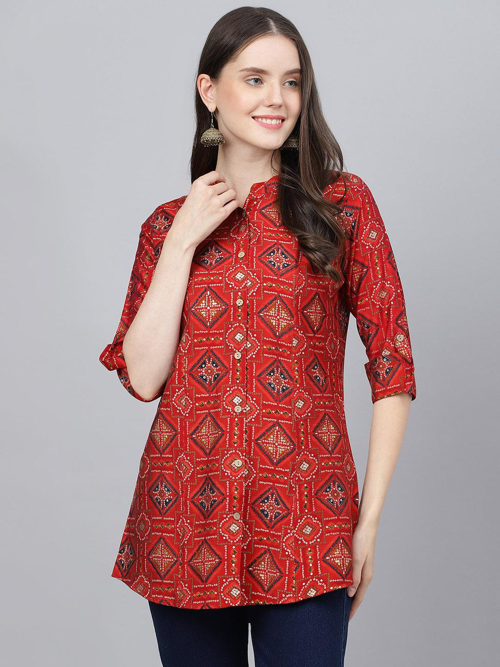 Divena Red Bandhani Printed Modal A-Line Shirts Style Top – divena world