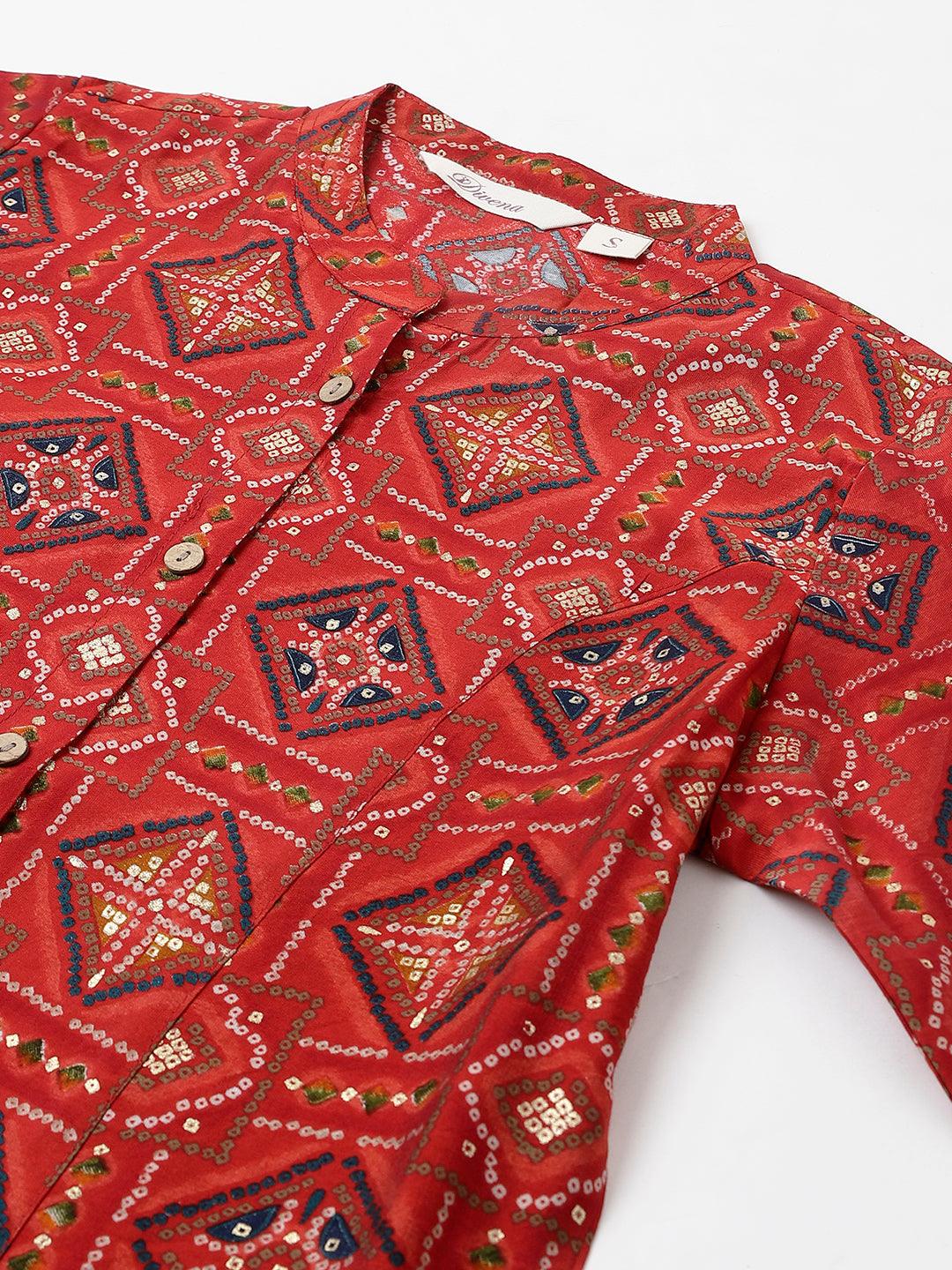 Divena Red Bandhani Printed Modal A-Line Shirts Style Top - divena world