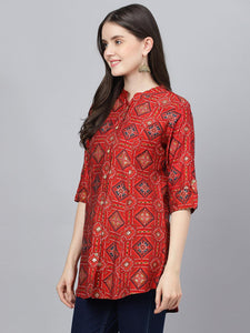 Divena Red Bandhani Printed Modal A-Line Shirts Style Top - divena world
