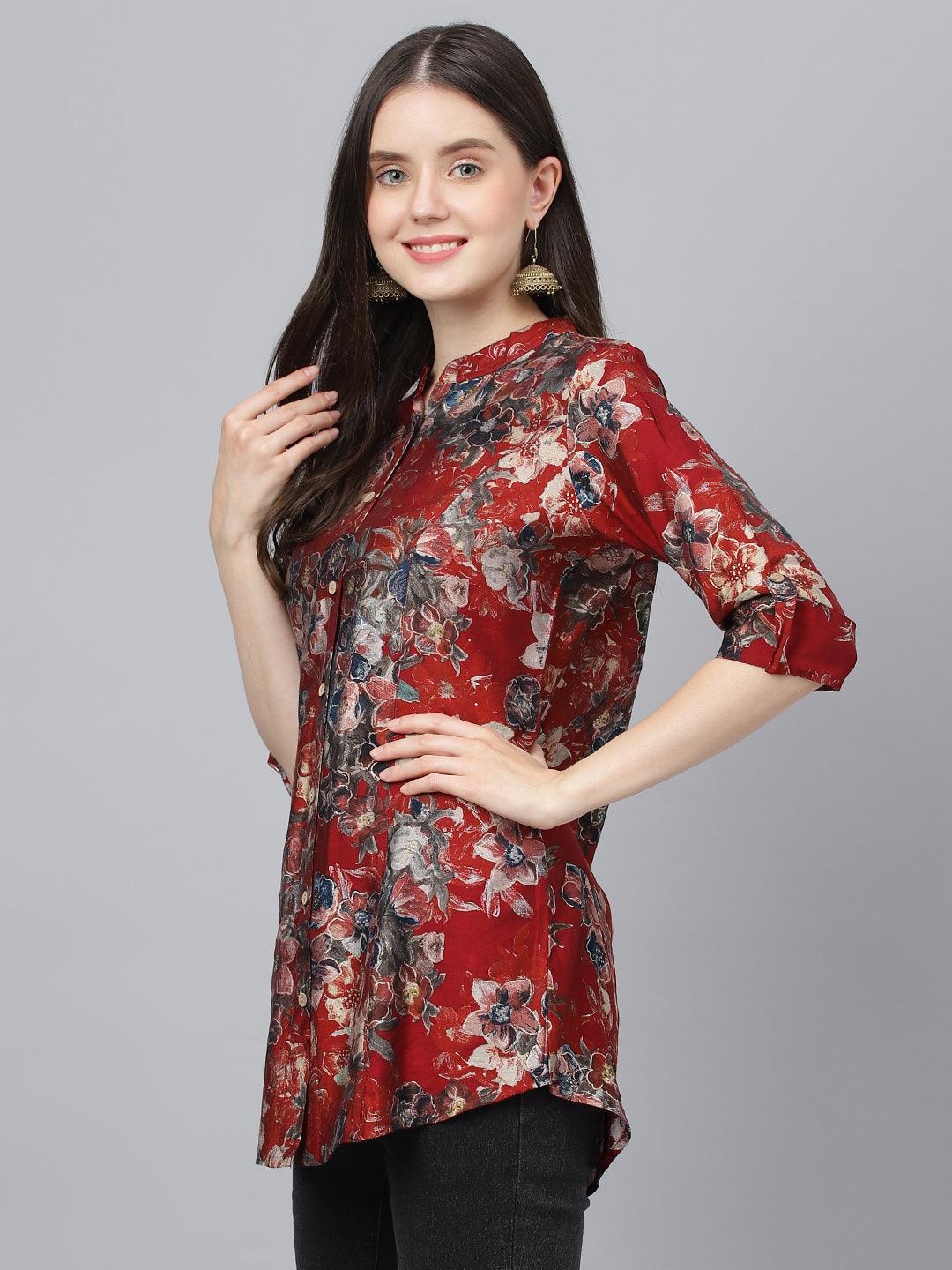 Divena Maroon Floral Printed Modal A-Line Shirts Style Top - divena world