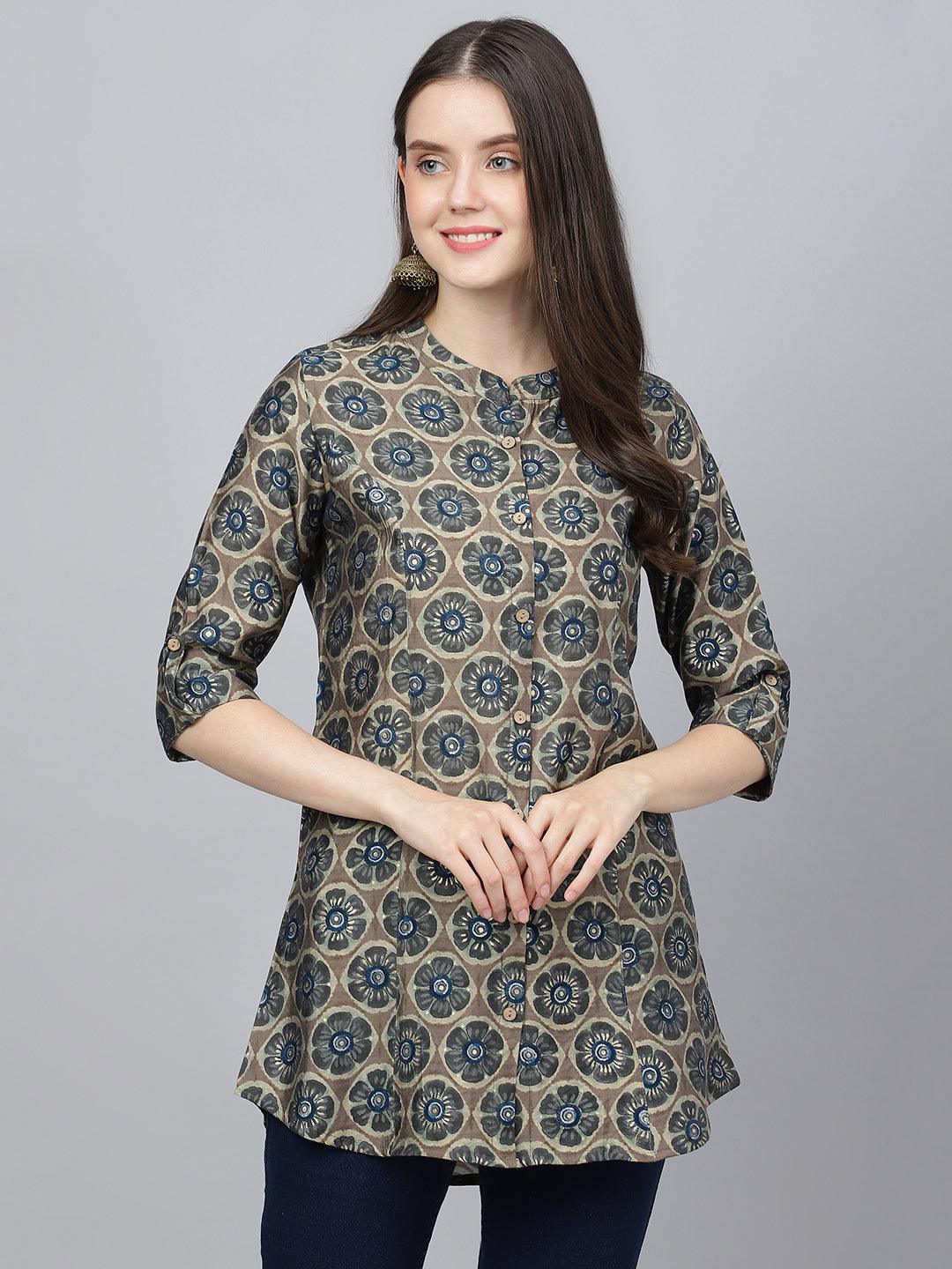 Divena Brown Floral Printed Modal A-Line Shirts Style Top - divena world