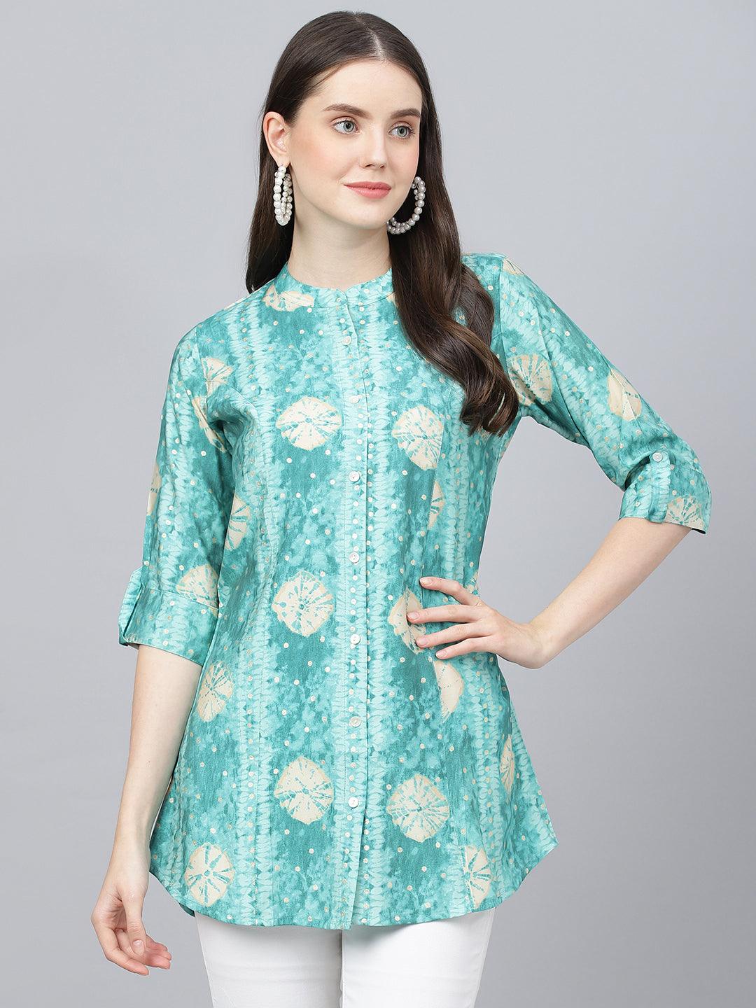 Divena Sea green Abstract Printed Modal A-Line Shirts Style Top - divena world