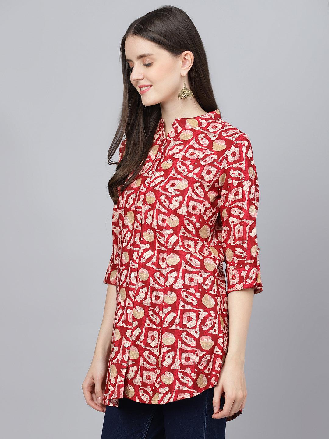Divena Red Abstract printed Rayon A-line Shirts Style Top - divena world