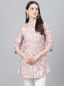 Divena Dusty pink Floral printed Modal A-line Shirts Style Top - divena world