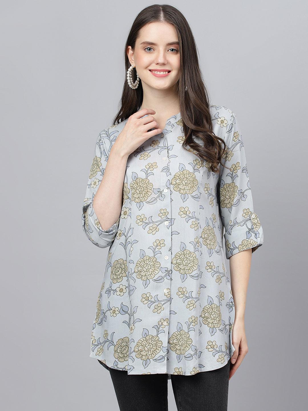 Divena Dusty Blue Floral printed Rayon A-line Shirts Style Top - divena world
